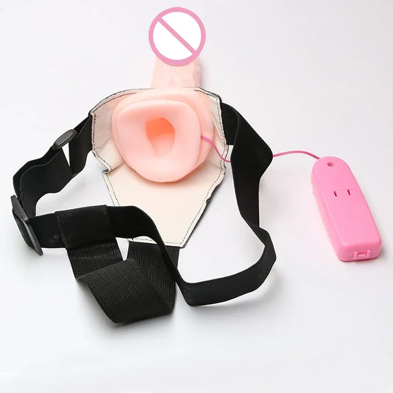 Remote Control Vibrating Strap-On Dildo with Hollow Sleeve – Erection Assist Harness